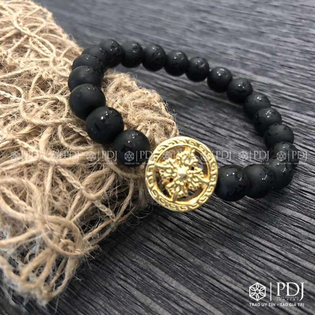 Vòng Đá Obsidian 8 Ly Charm Bánh Xe Pháp Luân Bạc Si