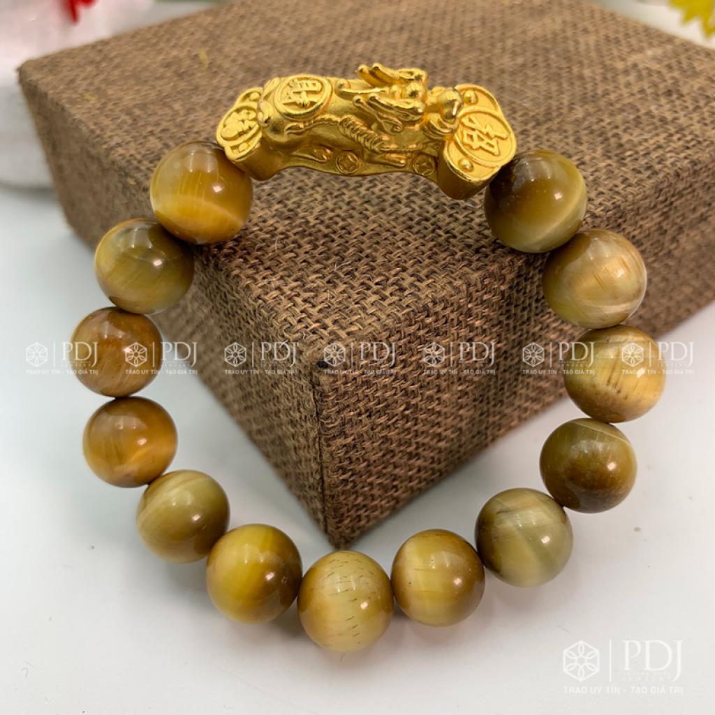 Vòng Đá Mắt Hổ Vàng Charm Tỳ Hưu Cưỡi Gậy Như Ý Vàng 24K