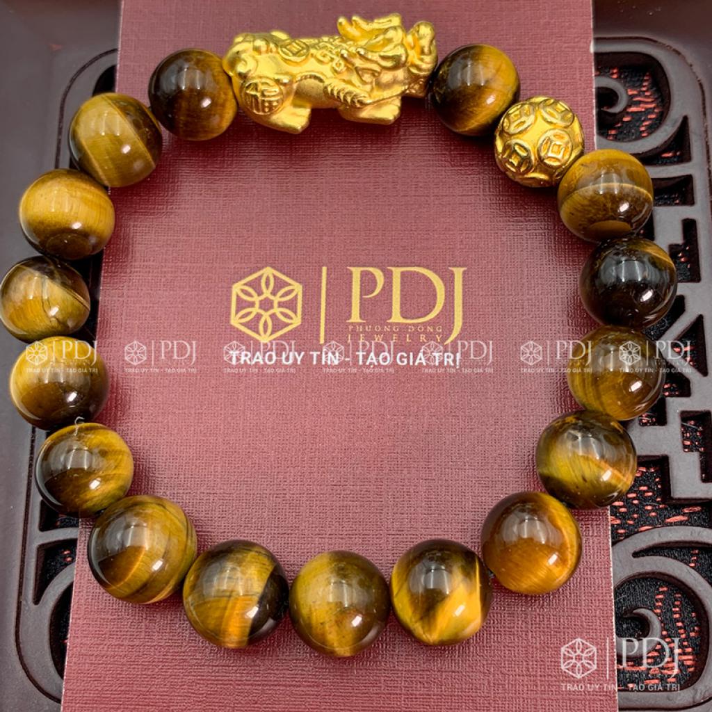 Vòng Đá Mắt Hổ Vàng Nâu Charm Tỳ Hưu Bi Kim Tiền Bạc Si Vàng