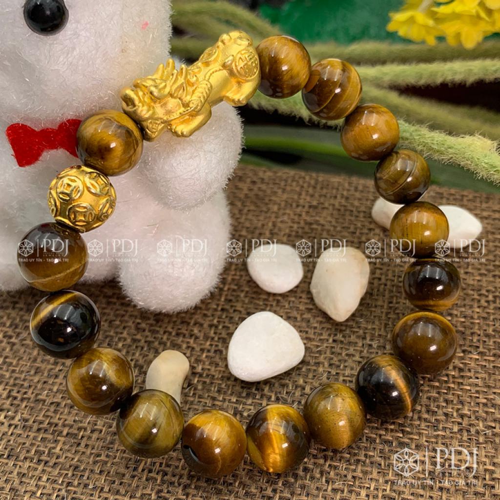 Vòng Đá Mắt Hổ Vàng Nâu Charm Tỳ Hưu Bi Kim Tiền Bạc Si Vàng