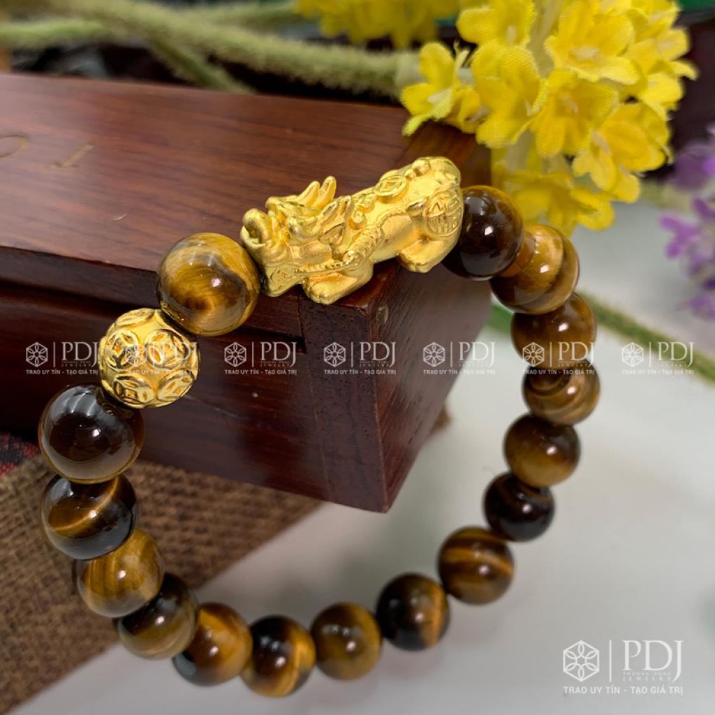 Vòng Đá Mắt Hổ Vàng Nâu Charm Tỳ Hưu Bi Kim Tiền Bạc Si Vàng