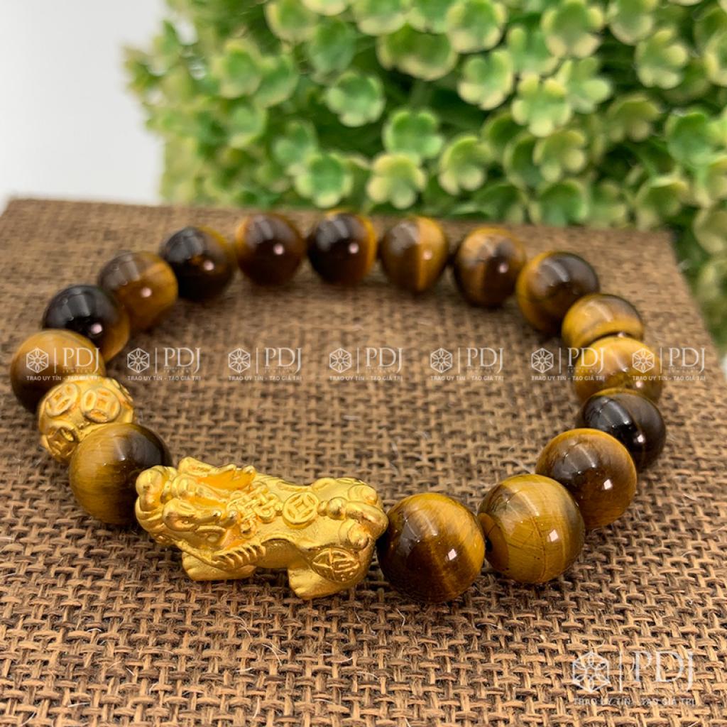 Vòng Đá Mắt Hổ Vàng Nâu Charm Tỳ Hưu Bi Kim Tiền Bạc Si Vàng