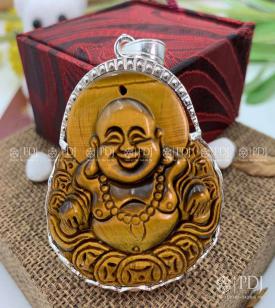 Mặt Di Lặc Đá Mắt Hổ Vàng Nâu Bọc Bạc