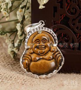Mặt Di Lặc Đá Mắt Hổ Vàng Nâu Bọc Bạc