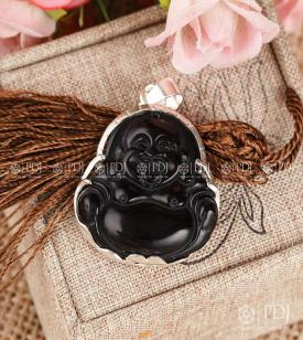 Mặt Di Lặc Đá Obsidian Đen Bọc Bạc