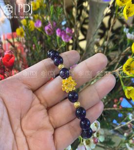 Vòng Đá Thạch Anh Tím 8 Ly Charm Hoa Sen, Bi 24K Vòng Đá Thạch Anh Tím 8 Ly Charm Hoa Sen, Bi 24K