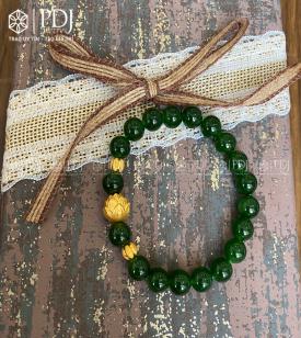 Vòng Ngọc Bích 8 Ly Charm Hoa Sen, Bi 24K