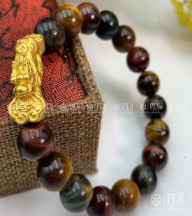 Vòng Đá Mắt Hổ Đa Sắc Charm Tỳ Hưu Cưỡi Gậy Như Ý Vàng 24K Vòng Đá Mắt Hổ Đa Sắc Charm Tỳ Hưu Cưỡi Gậy Như Ý Vàng 24K